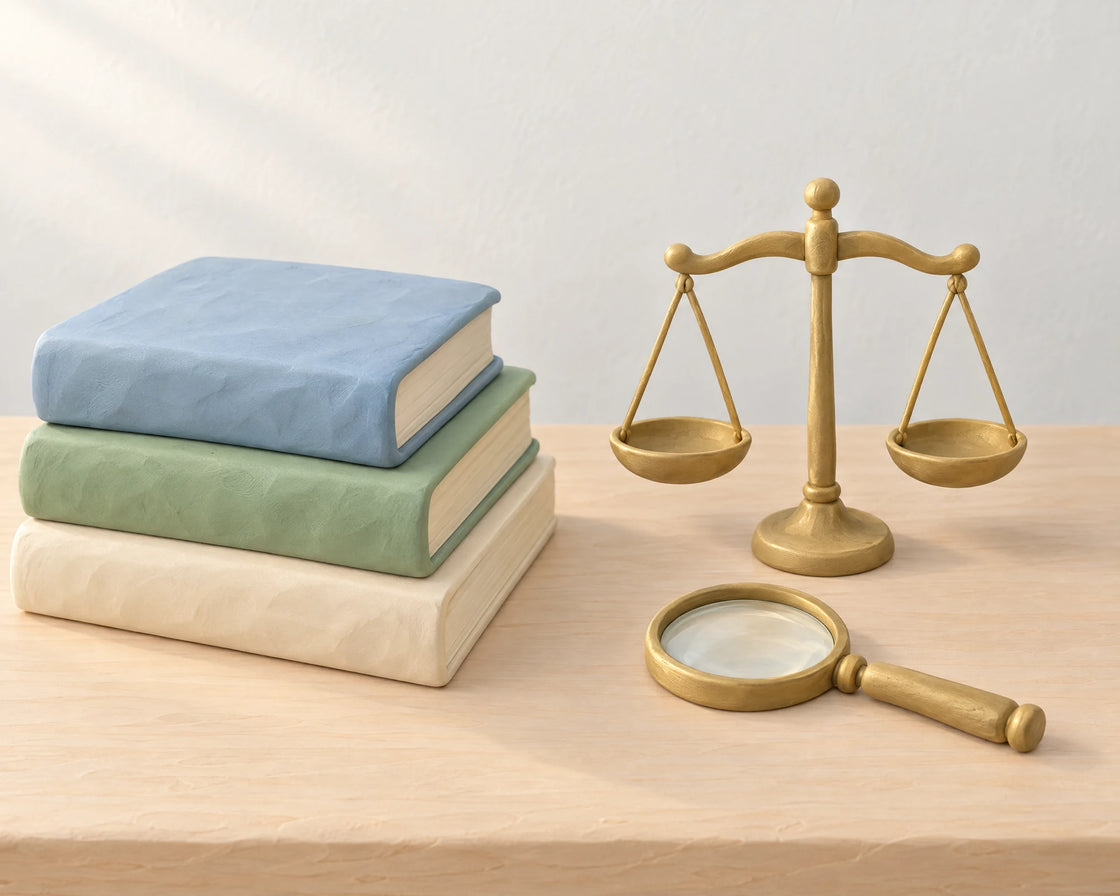 A stack of three clay books, a brass scale and a magnifying glass on a pale wooden desk
