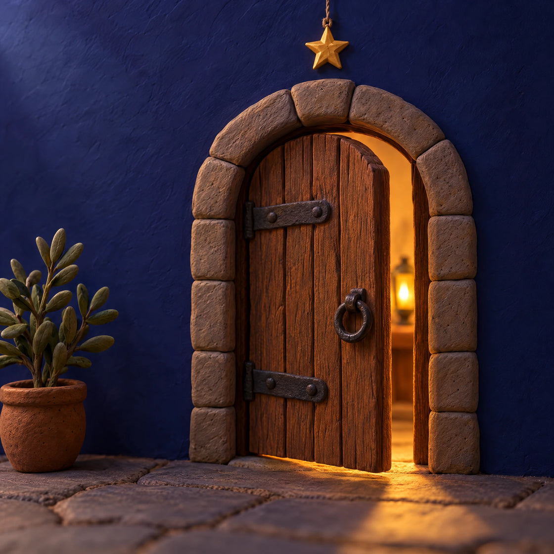An arched wooden door ajar in a night-blue wall, warm lamplight in the gap