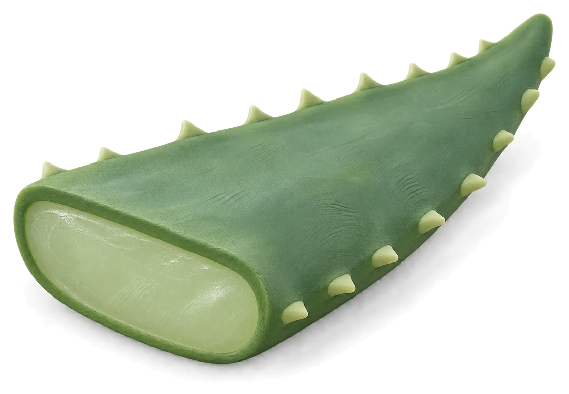 A cut piece of green clay aloe leaf, its pale inside showing