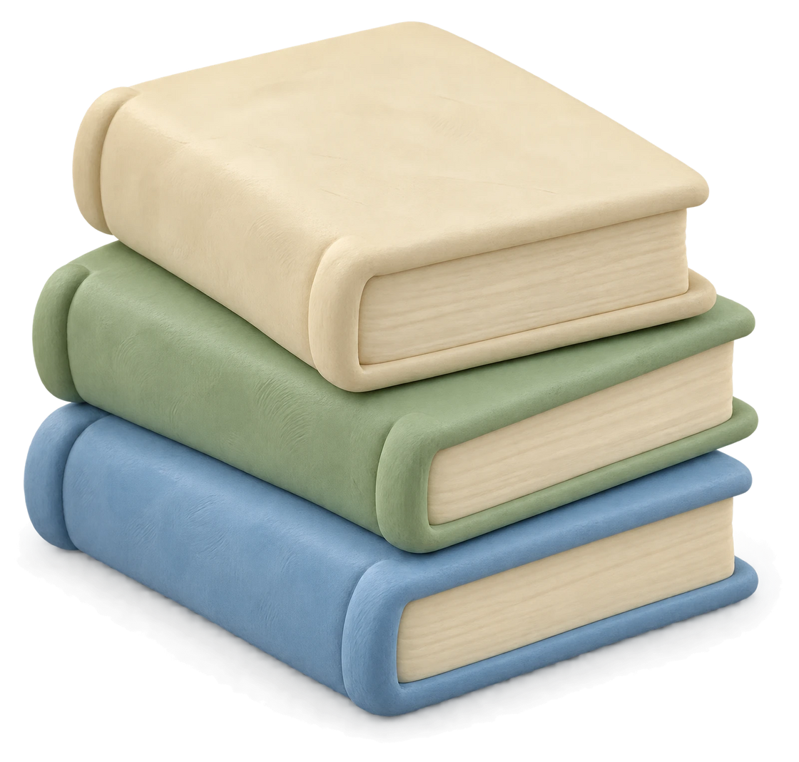 Three clay books stacked, cream on green on blue