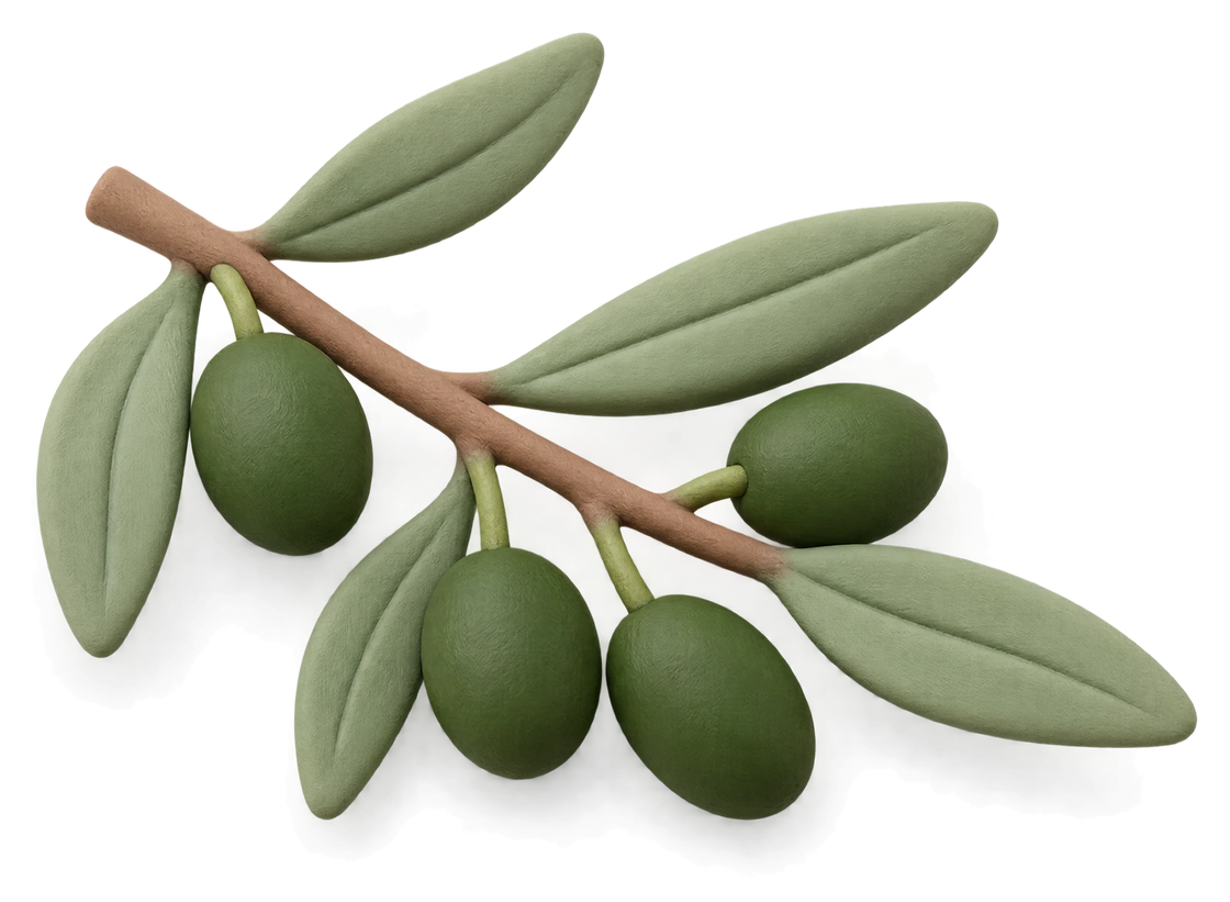 A clay olive branch with five green olives