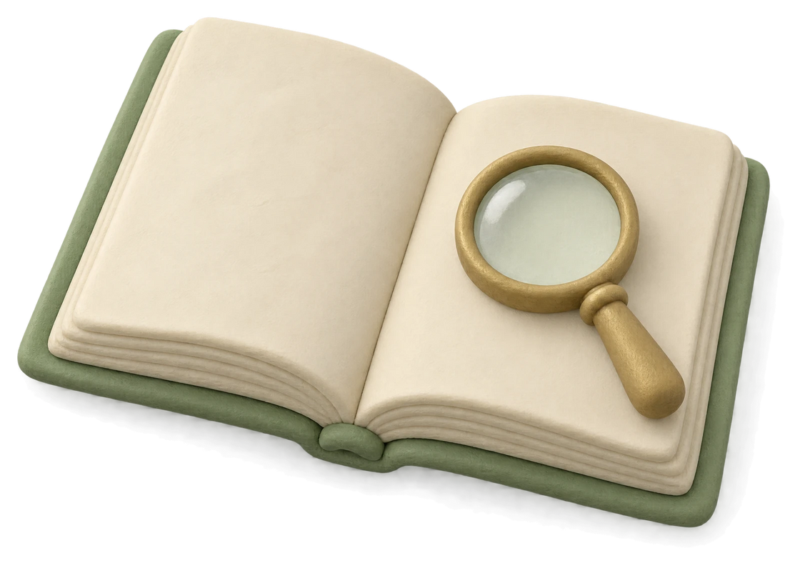 An open green clay book with a brass magnifying glass resting on the right page