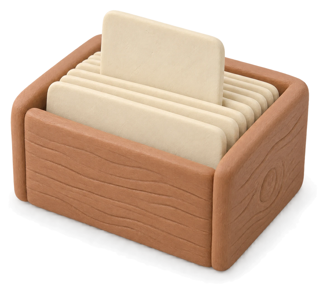A wooden clay box of cream record cards, one card standing up