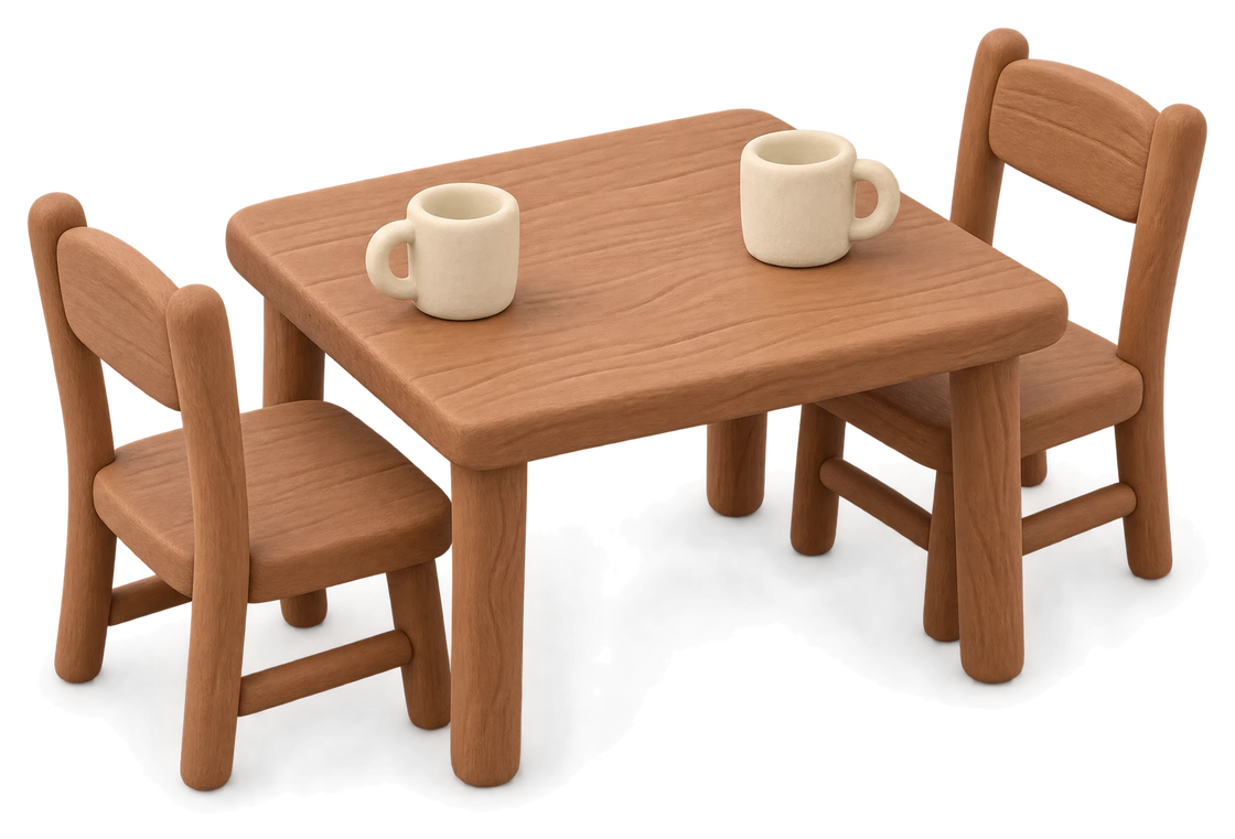 A small wooden clay table with two chairs and two cream mugs