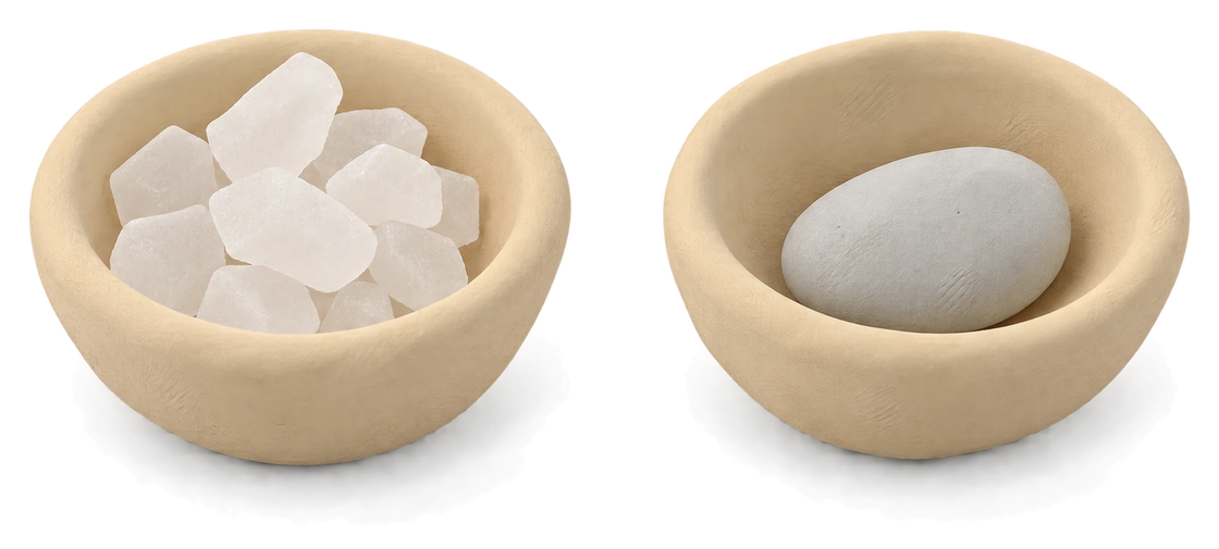Two small clay bowls, one of white crystals and one holding a smooth grey stone