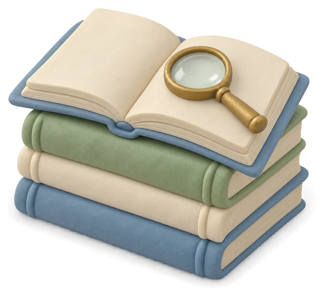 A stack of clay books with an open book and a brass magnifier on top