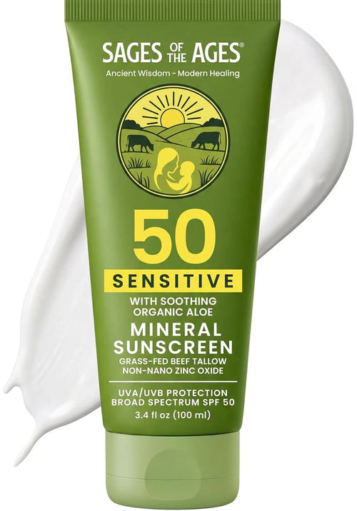 Front of the tube of Sages of the Ages SPF 50 mineral sunscreen lotion with grass-fed beef tallow, beside a swirl of the white lotion.