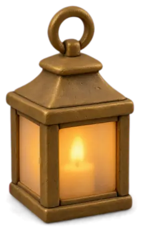 A small brass clay lantern with a lit candle inside